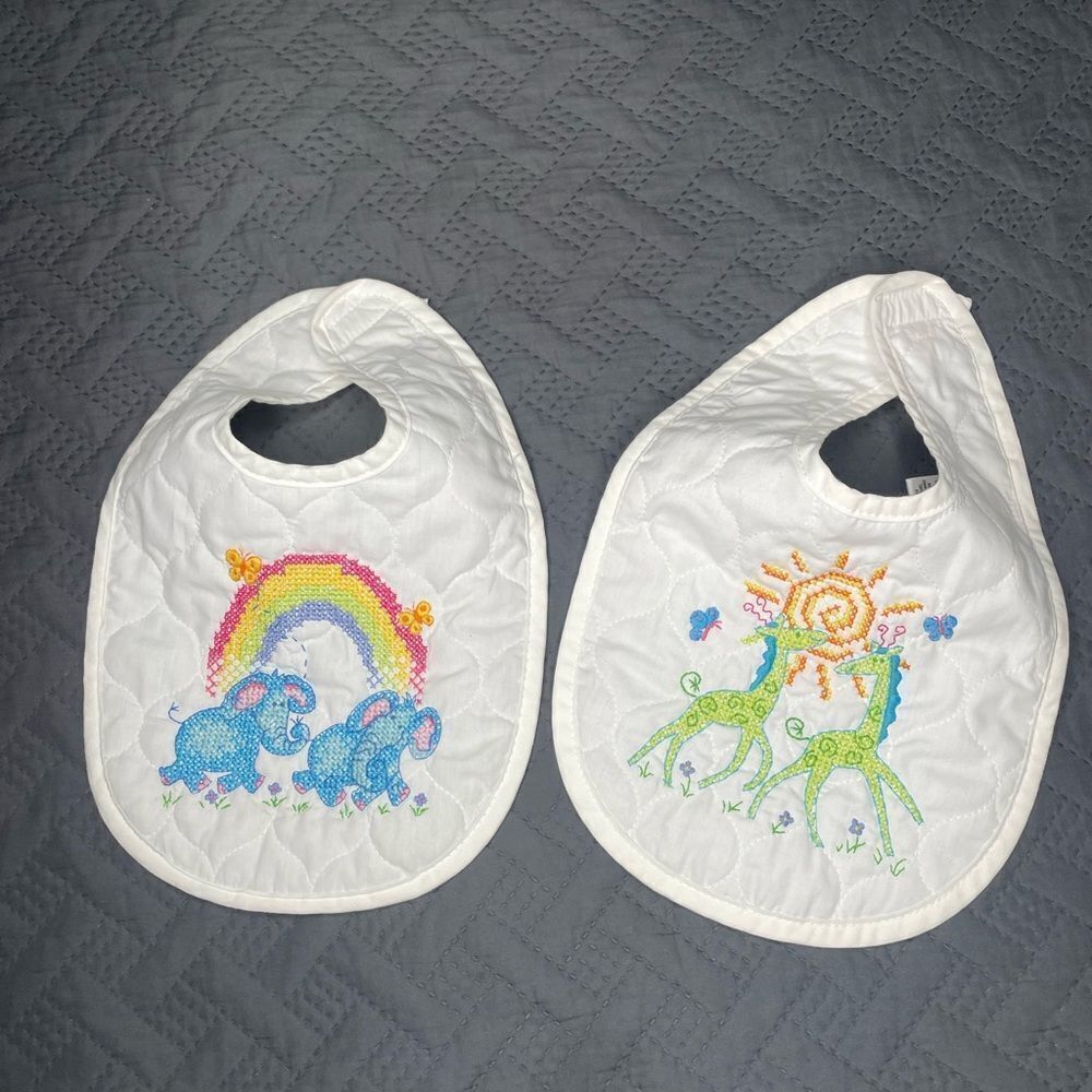 White Baby Bib Set with Embroidered Elephants and Giraffes
